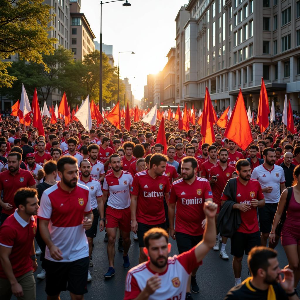 Fans marching through city streets before a match