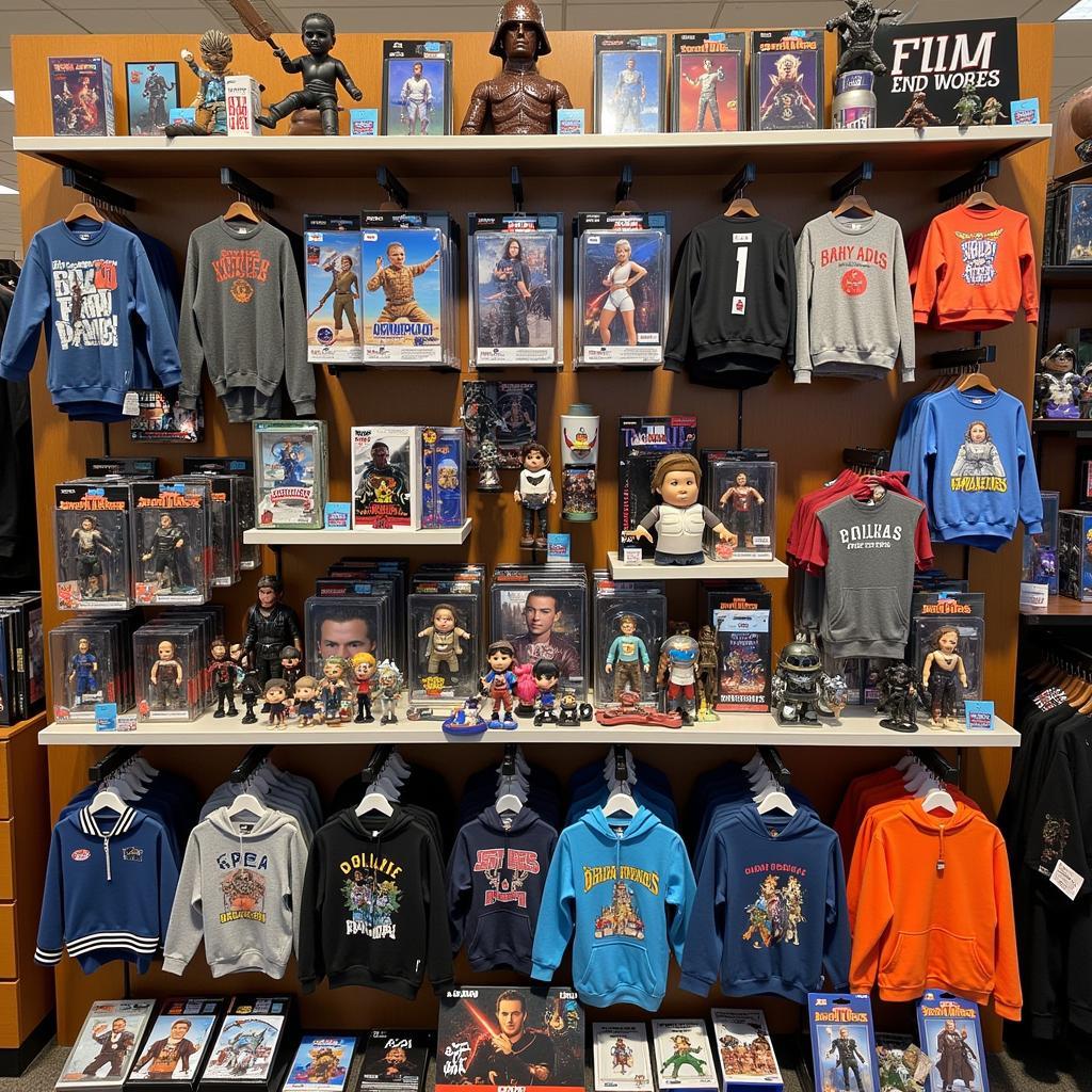 A display of fan merchandise including action figures, clothing, and accessories