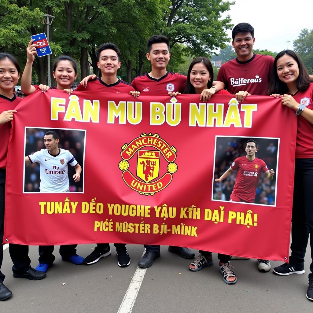 Fan MU Bu Nhat banner displayed at a match viewing party