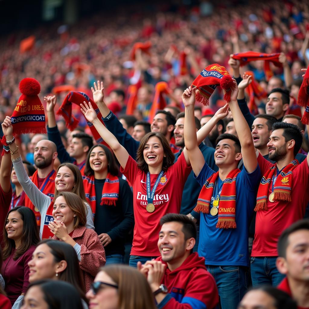 Fans sporting team jerseys and scarves