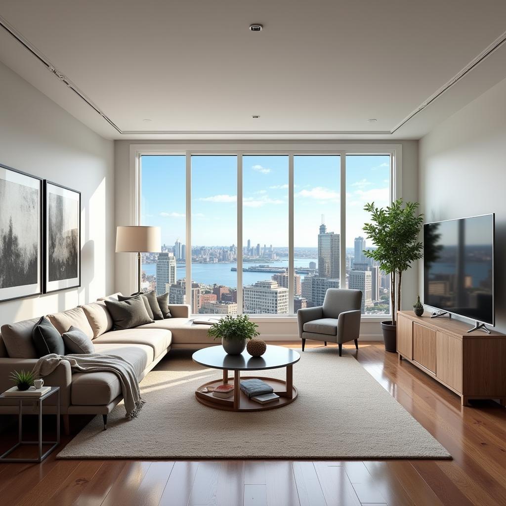 Modern living room interior of a luxury apartment at Fan Pier Blvd Boston