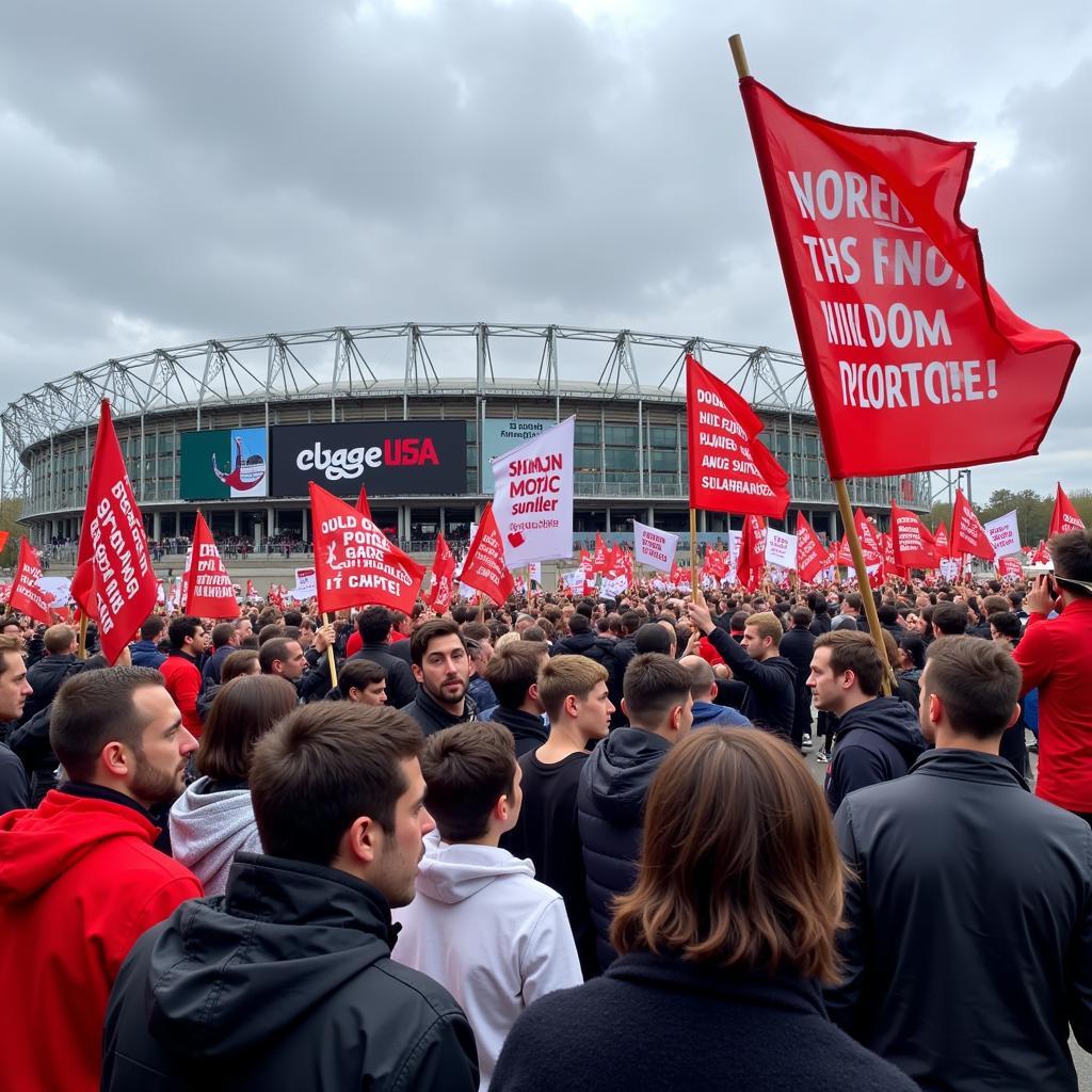 Fans protesting with banners and flags outside a football stadium