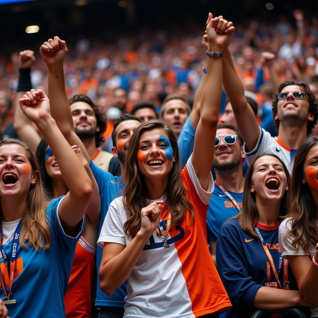 A group of fans wearing matching jerseys and waving flags, celebrating their team's victory.