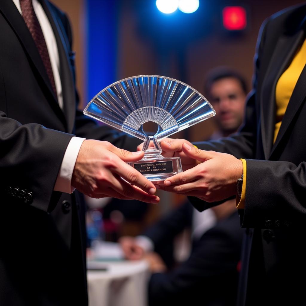 Presenting a Fan-Shaped Crystal Award at a Ceremony