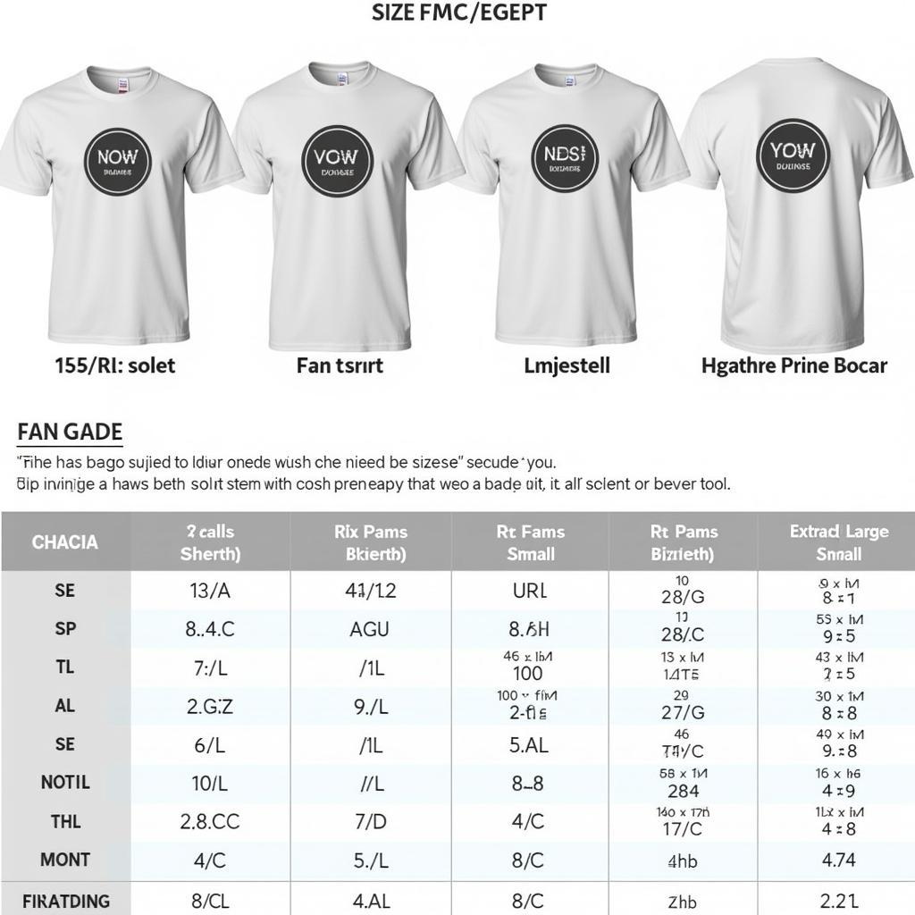 A size chart for fan t-shirts