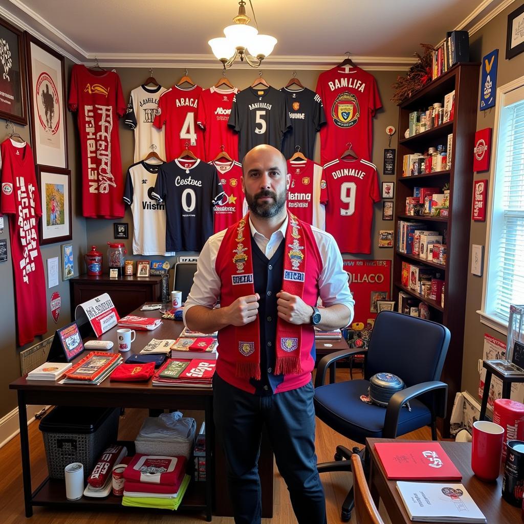 Fan displaying extensive football merchandise collection