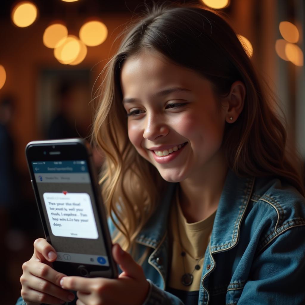 Fan smiling at phone reading idol message