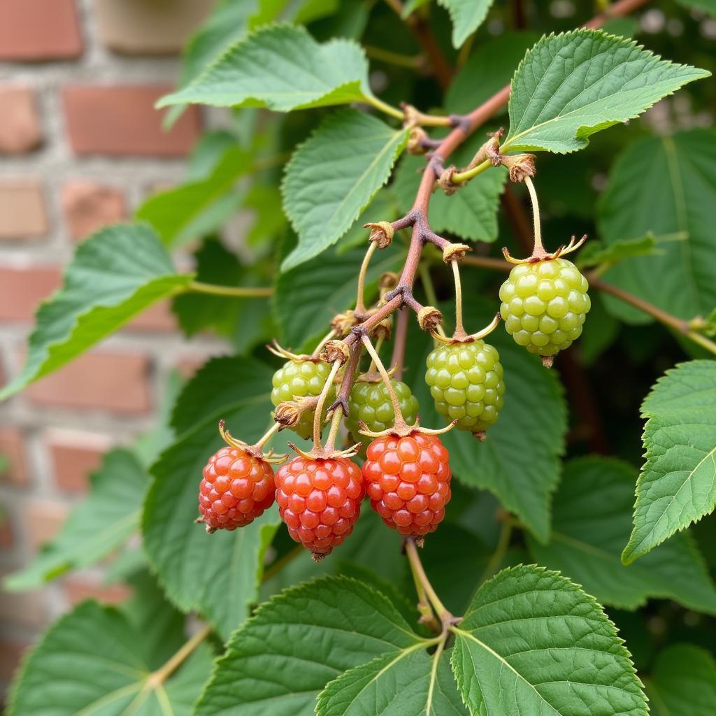 Fan-trained gooseberry bush with ripe berries