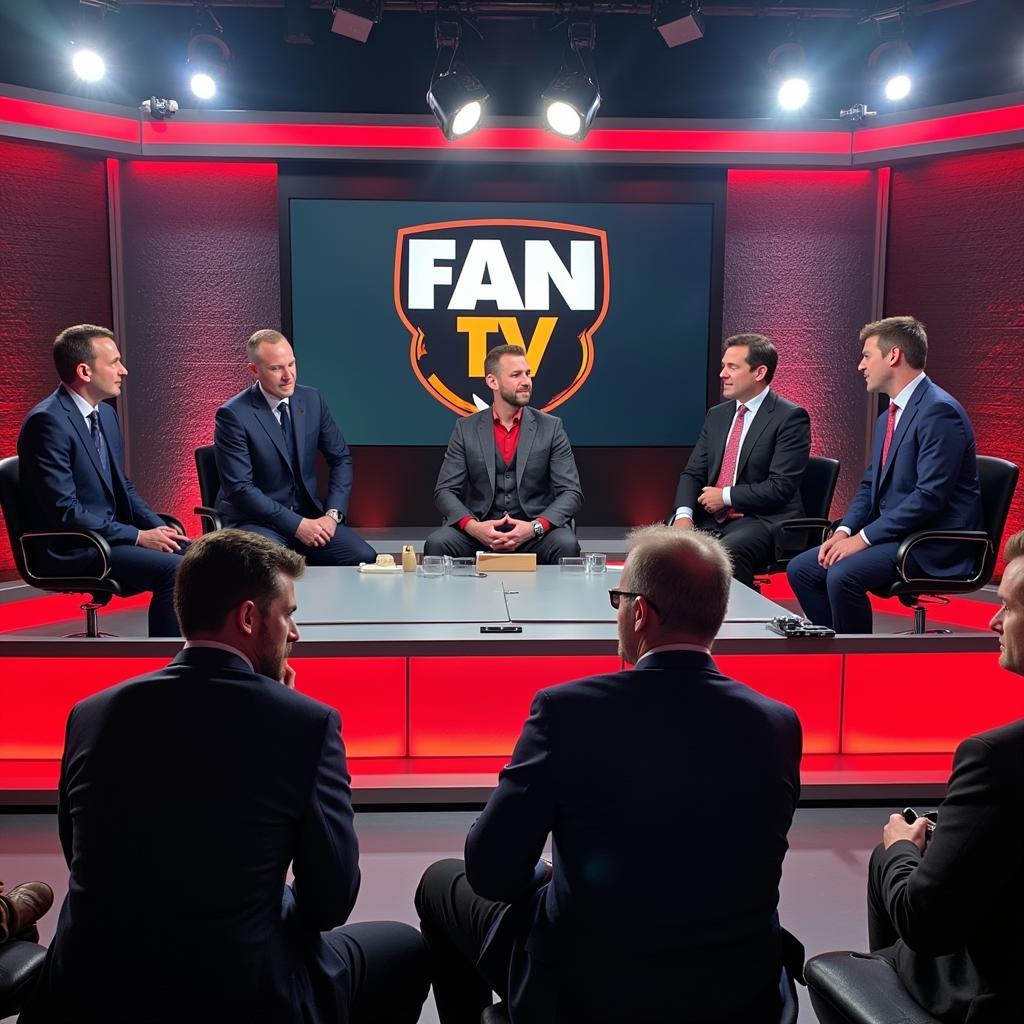 A charismatic host leading a football discussion on a Fan TV program