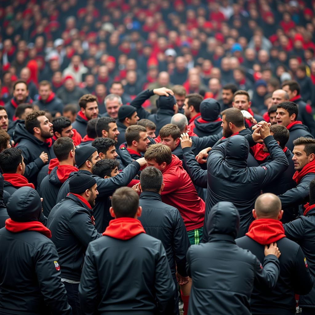 Fans clashing in a stadium