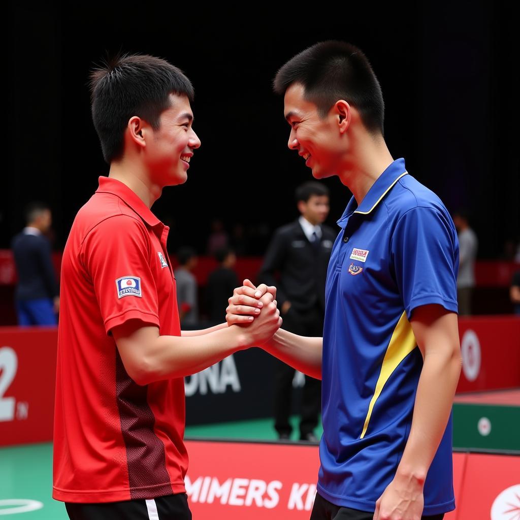 Fan Zhendong and Xu Xin celebrating a victory together