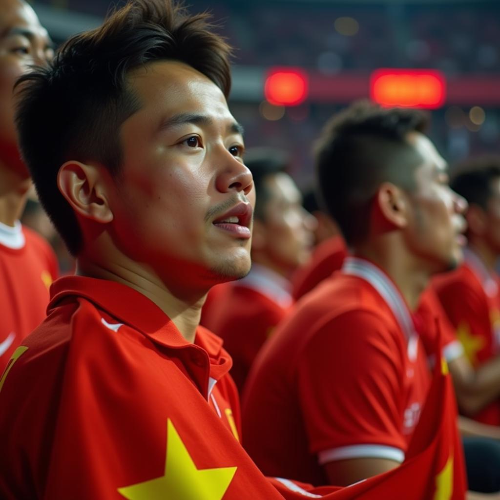 Vietnamese Football Fan Intensely Watching a Match