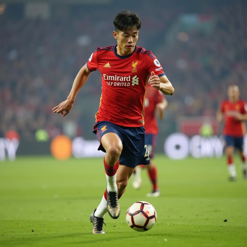 Fan Yang displays his agility and speed while maneuvering around defenders on the field.