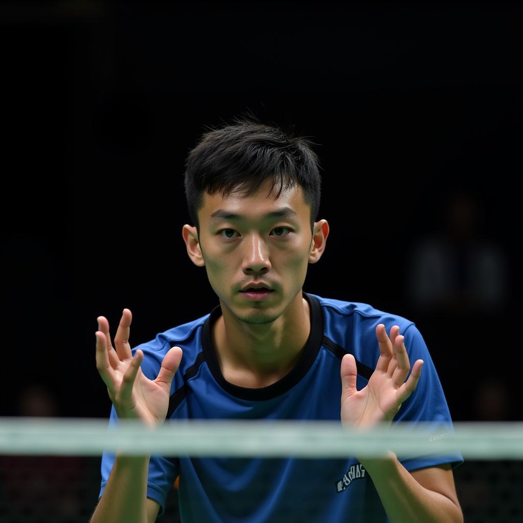 Fan Zhendong awaits a serve from Tomokazu Harimoto with intense concentration