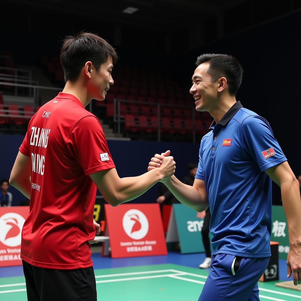 Fan Zhang Dong and Zhang Yudong shake hands after a match