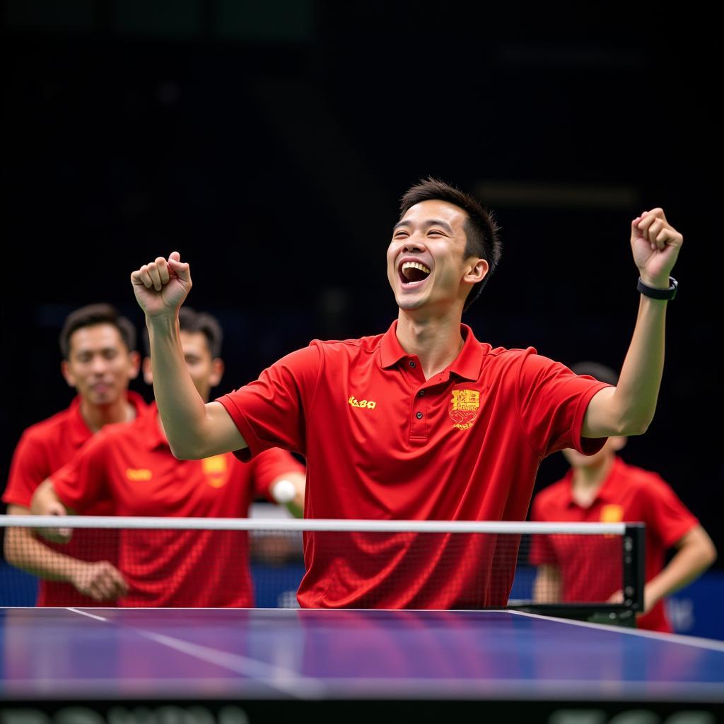 Fan Zhendong celebrating a hard-fought victory with his teammates