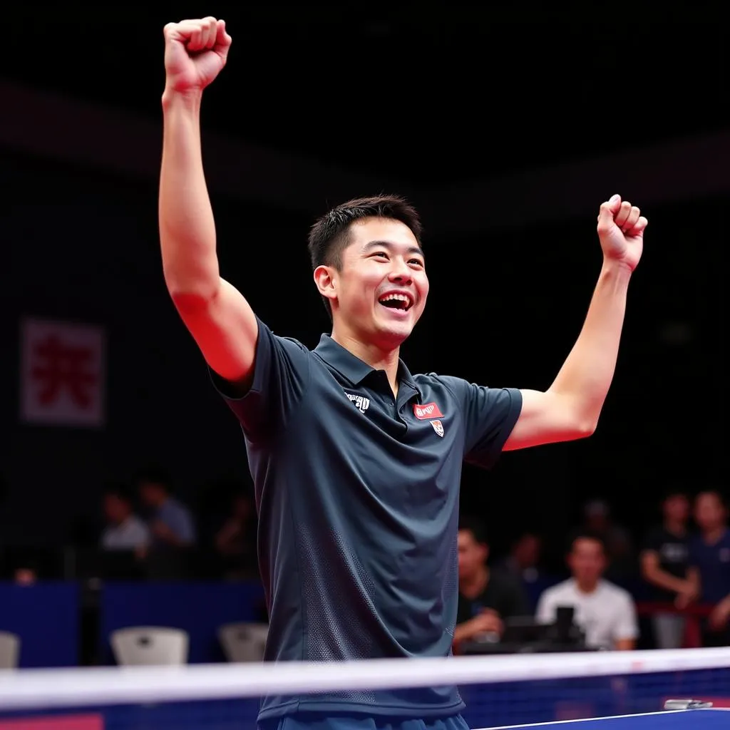 Fan Zhendong celebrates another hard-earned victory, showcasing his dominance in the world of table tennis.