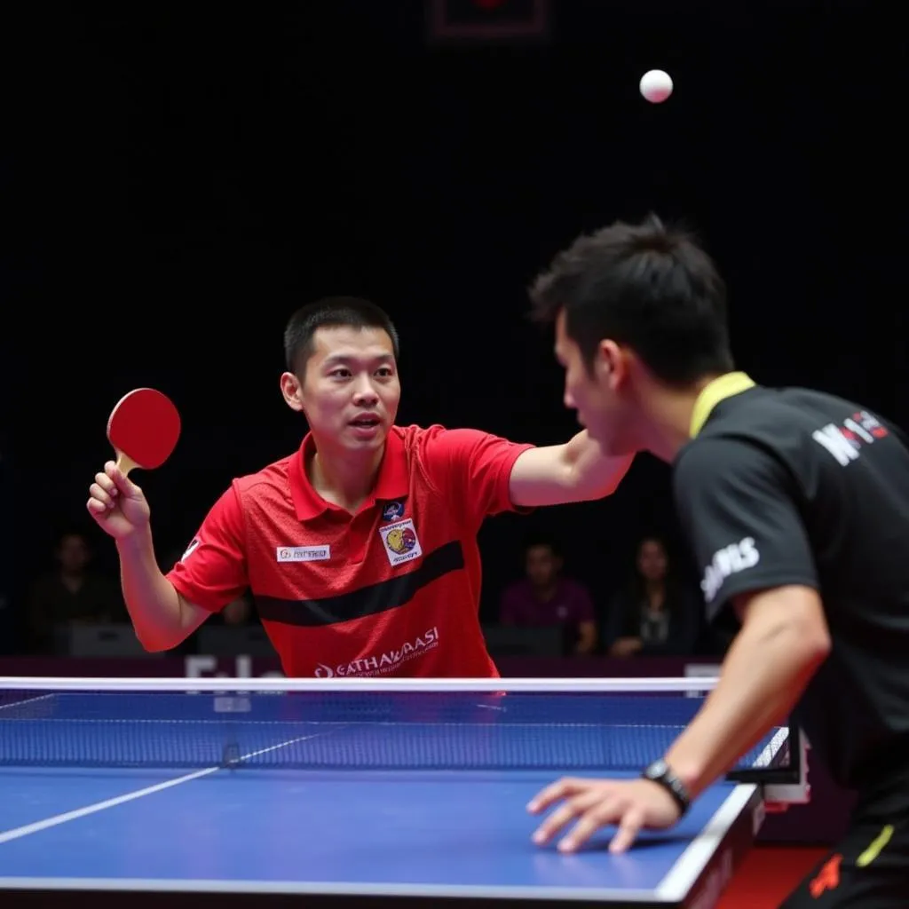 Fan Zhendong and Dimitrij Ovtcharov, two of the greatest table tennis players in the world, face off in an intense match.