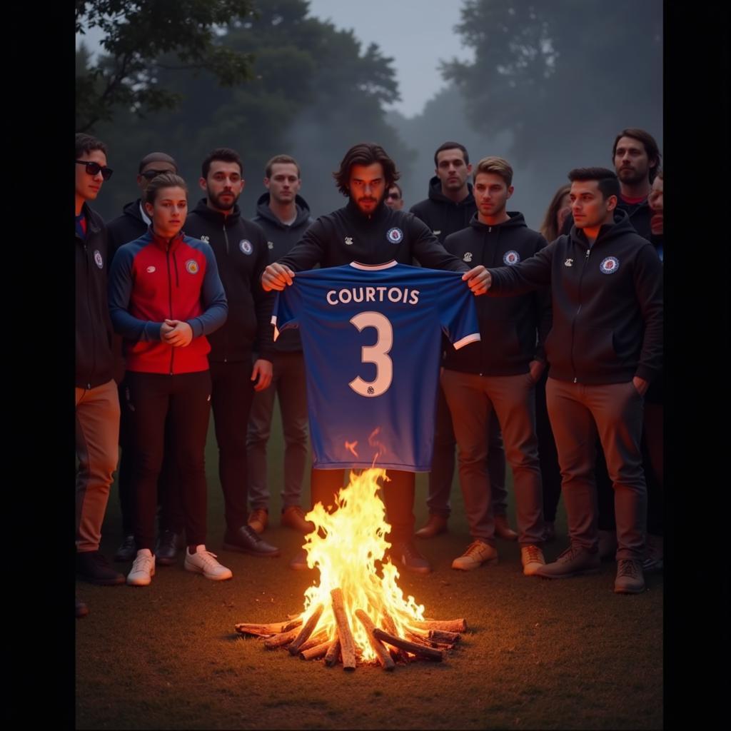 Chelsea fans burning a Courtois jersey