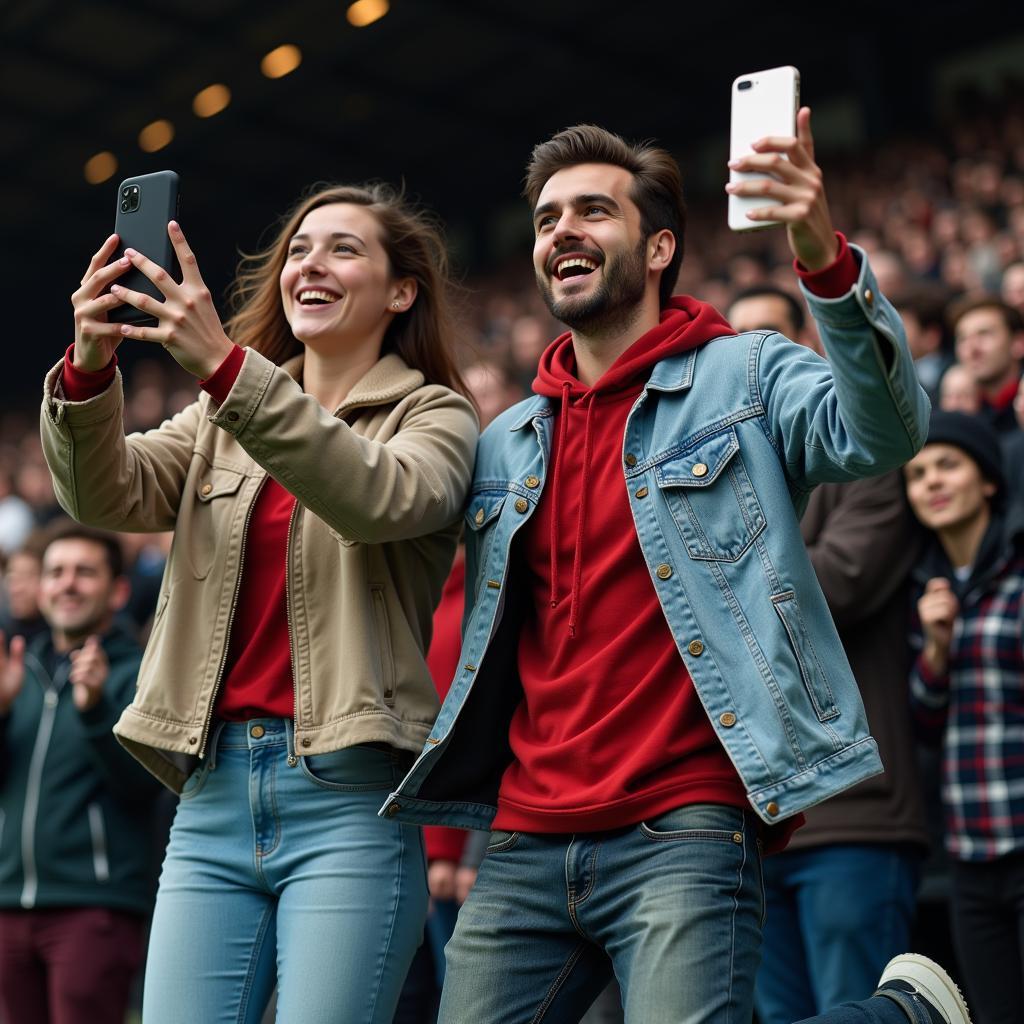 Fans celebrating a goal while looking at their phones