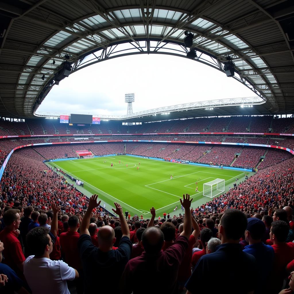 Passionate fans celebrating a goal inside a vibrant stadium