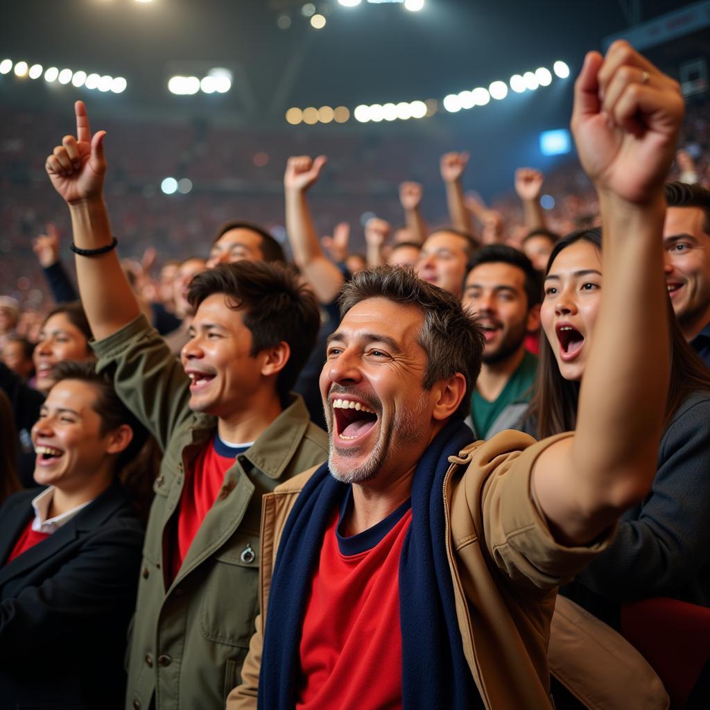 A group of diverse fans celebrate together, highlighting the sense of community and shared passion found within fandom.