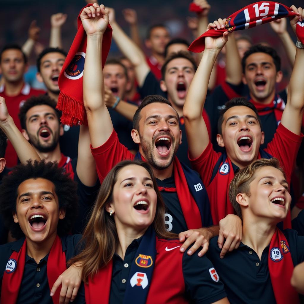 Diverse group of football fans celebrating a goal with arms raised in the air.