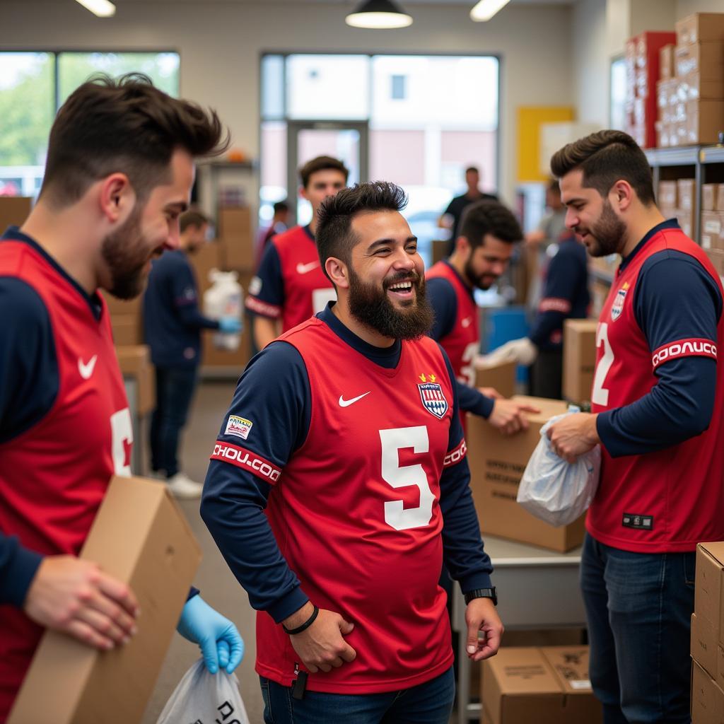 Football fans volunteering at a local charity event