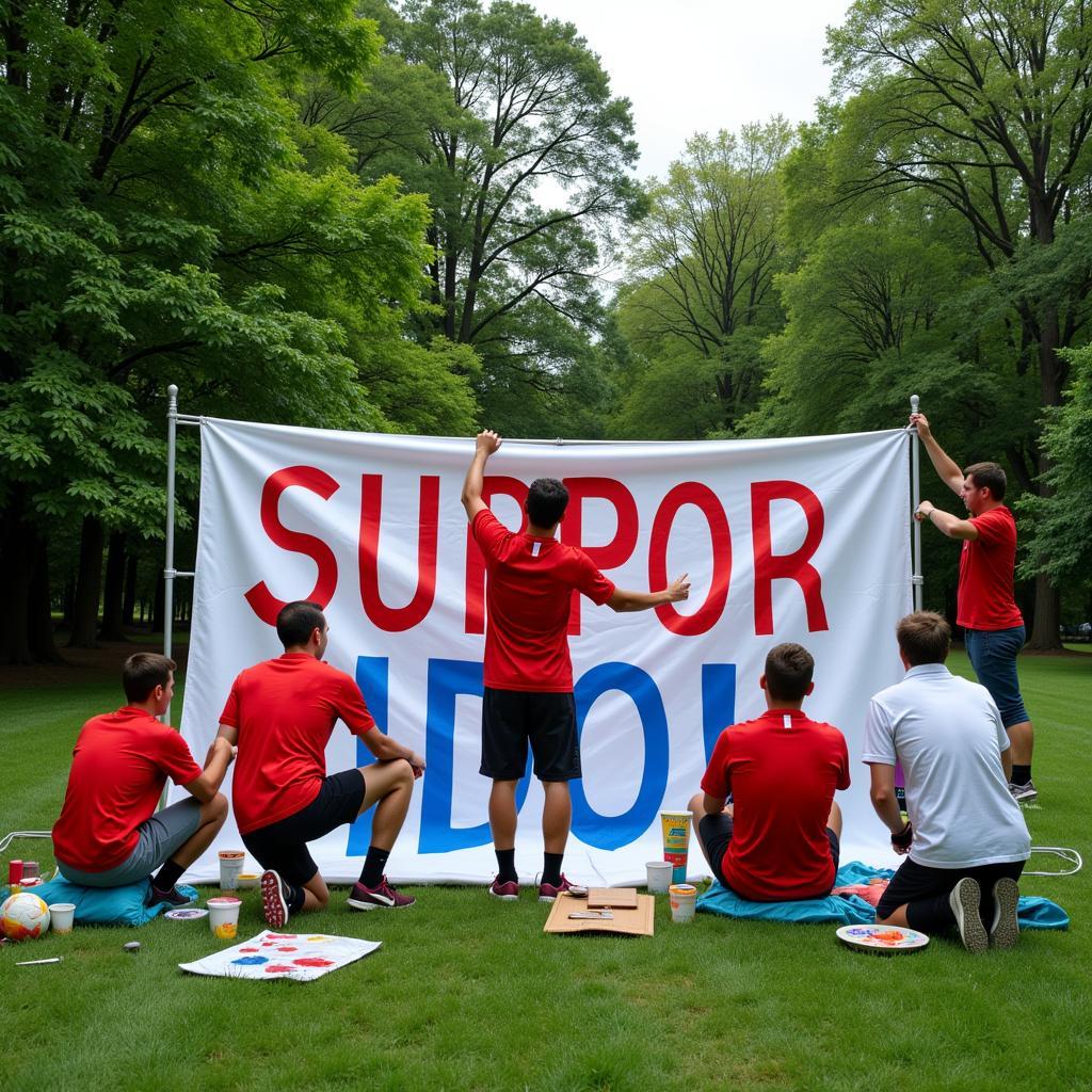 Fans working together to create a large banner