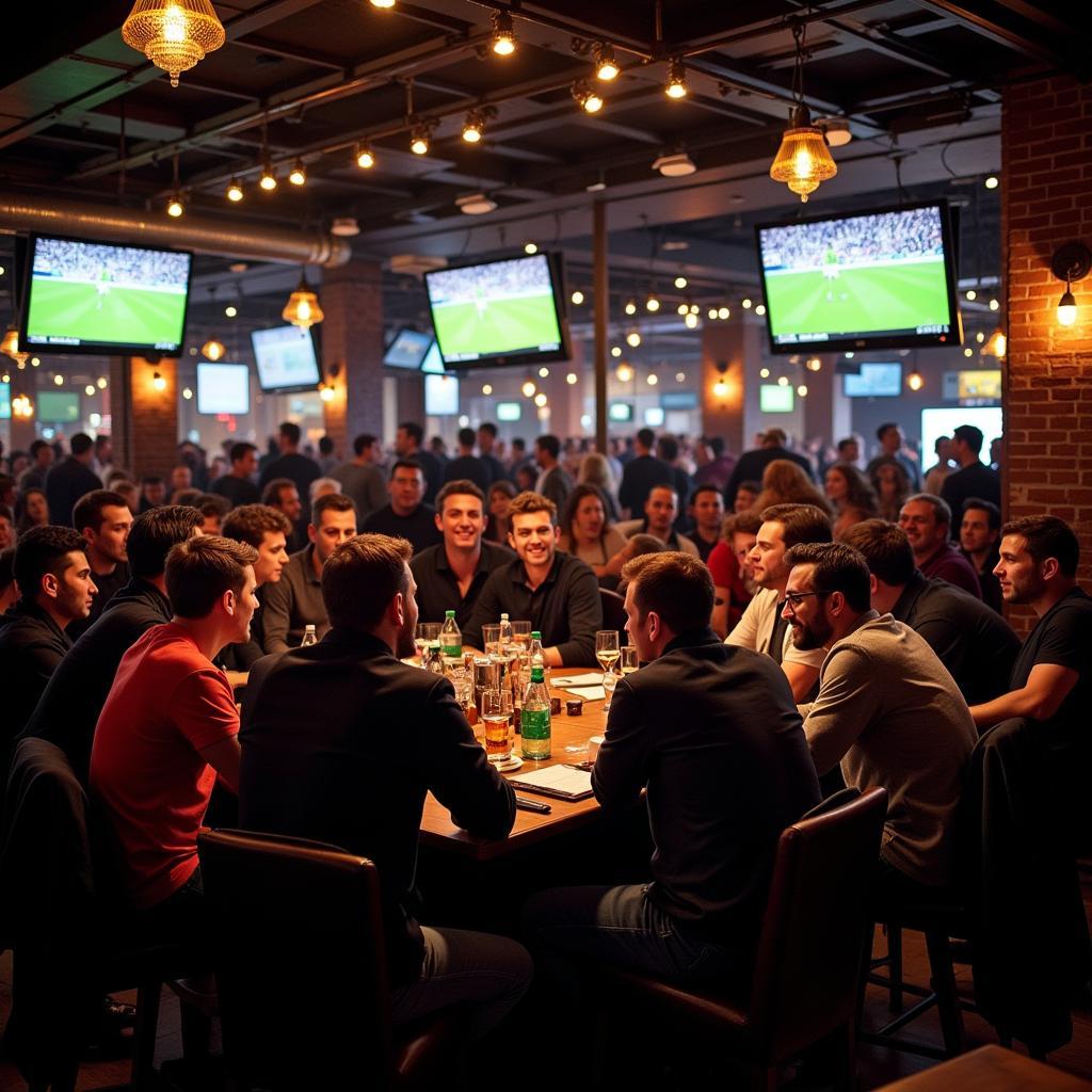 Football fans engaged in a lively debate at a pub