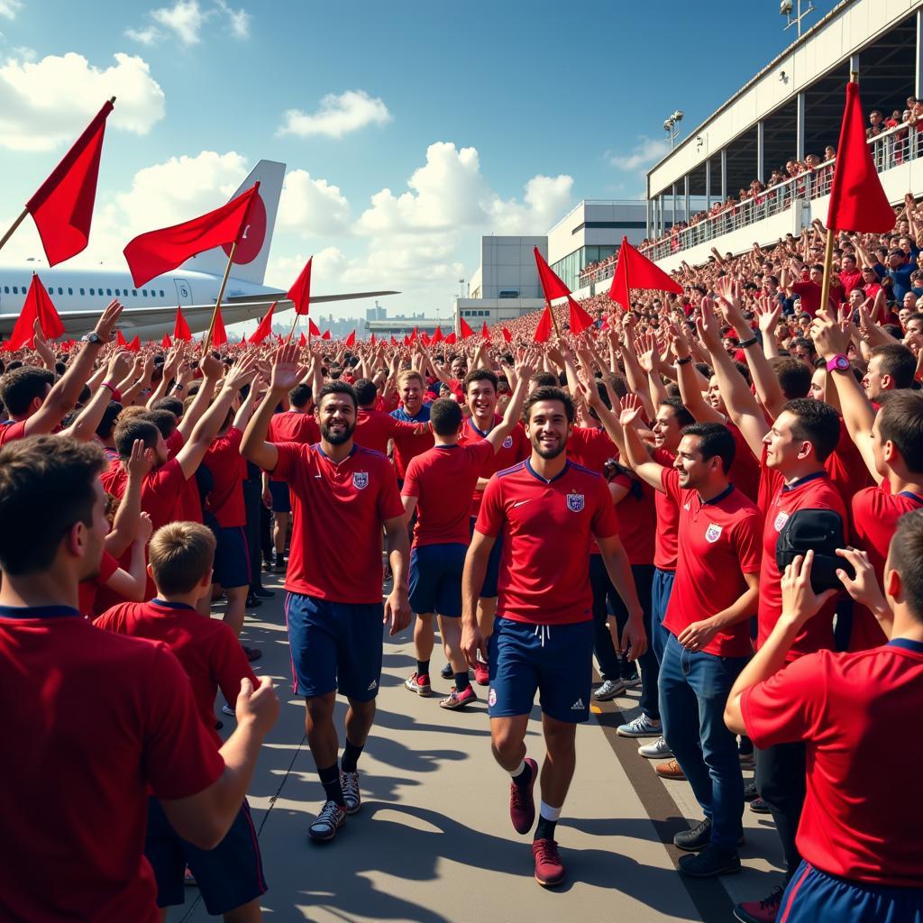 Fans greeting their football team at the airport arrival