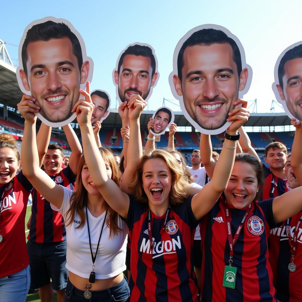 Fans celebrating with cardboard cutouts of themselves