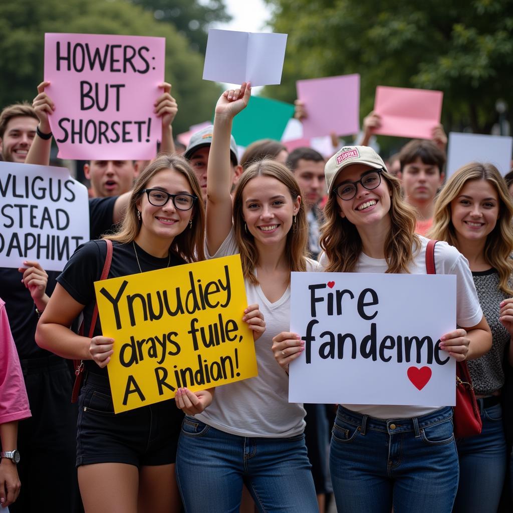 Fans holding signs expressing admiration for their idol