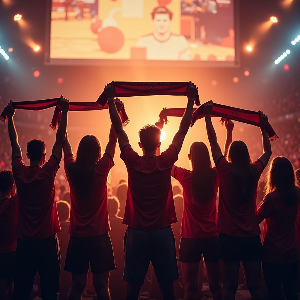 Fans holding scarves aloft in a show of unity