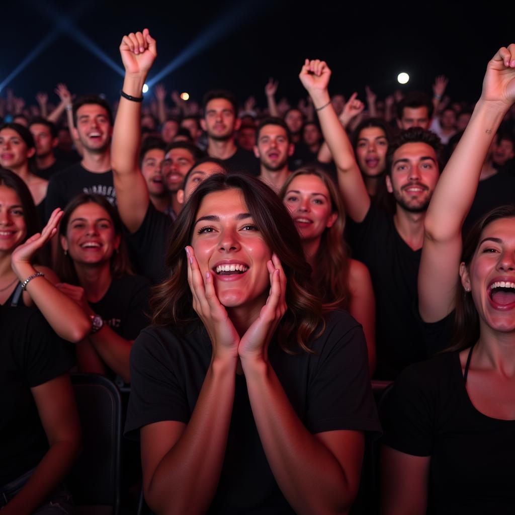 Fans hold up signs and cheer at a concert, their faces lit up with excitement and admiration for the performer.