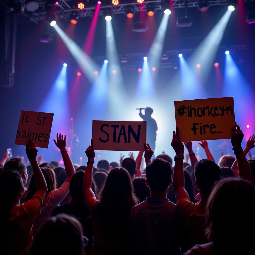 A crowd of people at a concert holding signs and cheering.