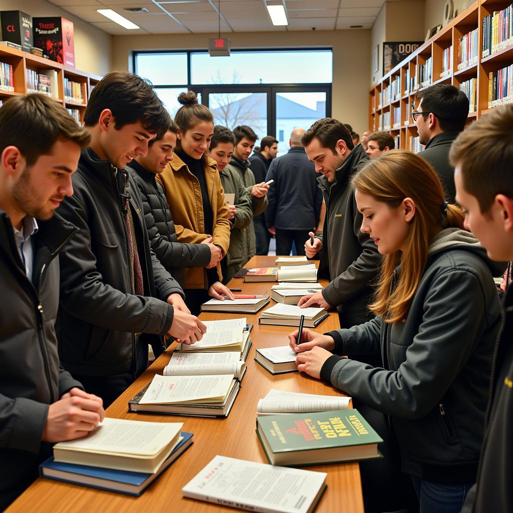 Fans eagerly waiting in line for a book signing, eager to meet their favorite new author.