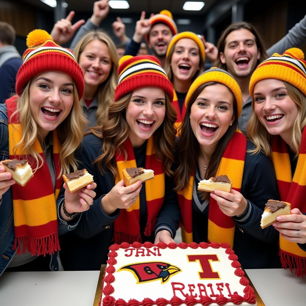 Football fans posing for a photo with their cake