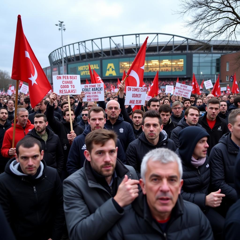 Protestors outside football stadium