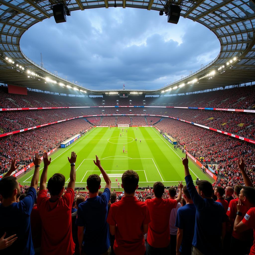 Fans singing in unison in a packed football stadium