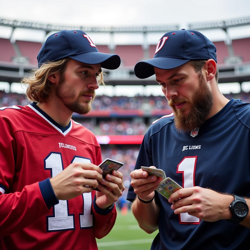 Two fans excitedly trading cards outside a football stadium