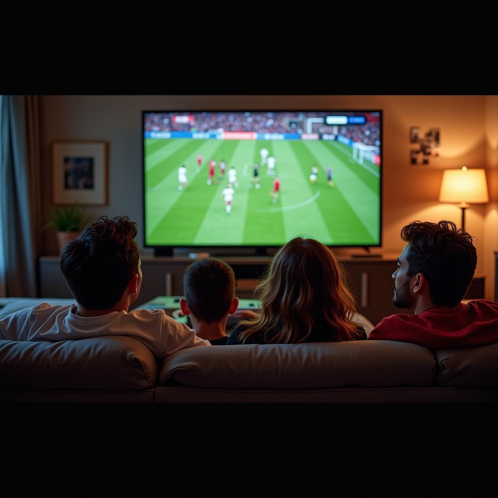 Group of friends emotionally watching football match on TV