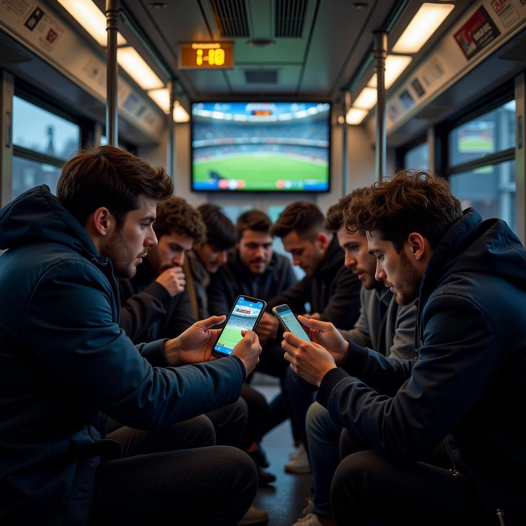 Fans watching a football match on their phones