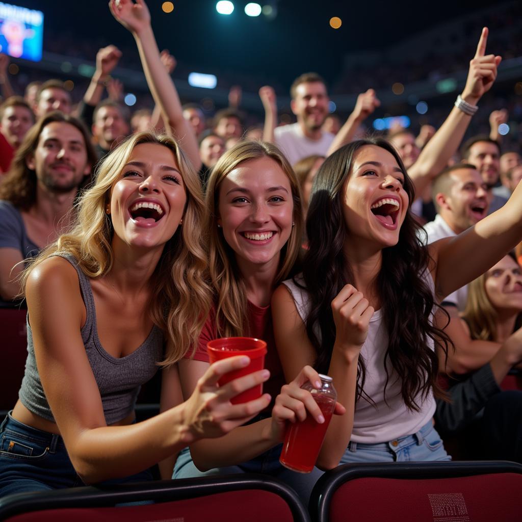 A group of friends, wearing their team's jerseys, cheering excitedly while watching a game at a lively sports bar