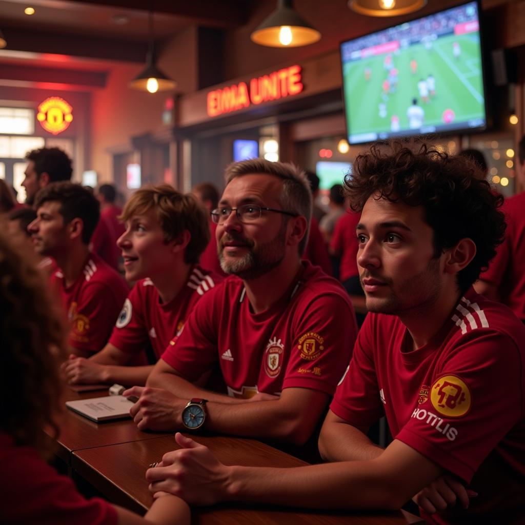 Manchester United fans watching a match together in a bar.