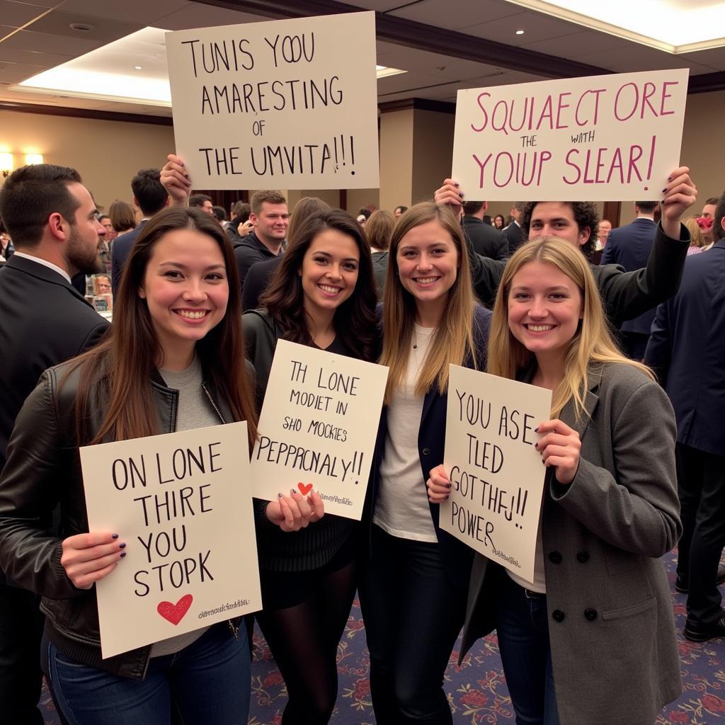 A group of fans excitedly holding up their pre-made signs at a meet-and-greet event