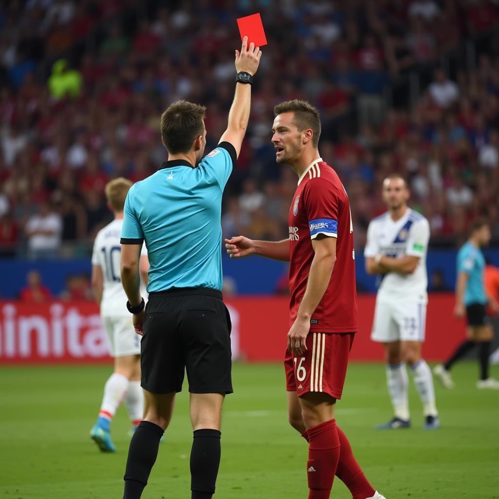 Football player receiving red card just seconds into the match