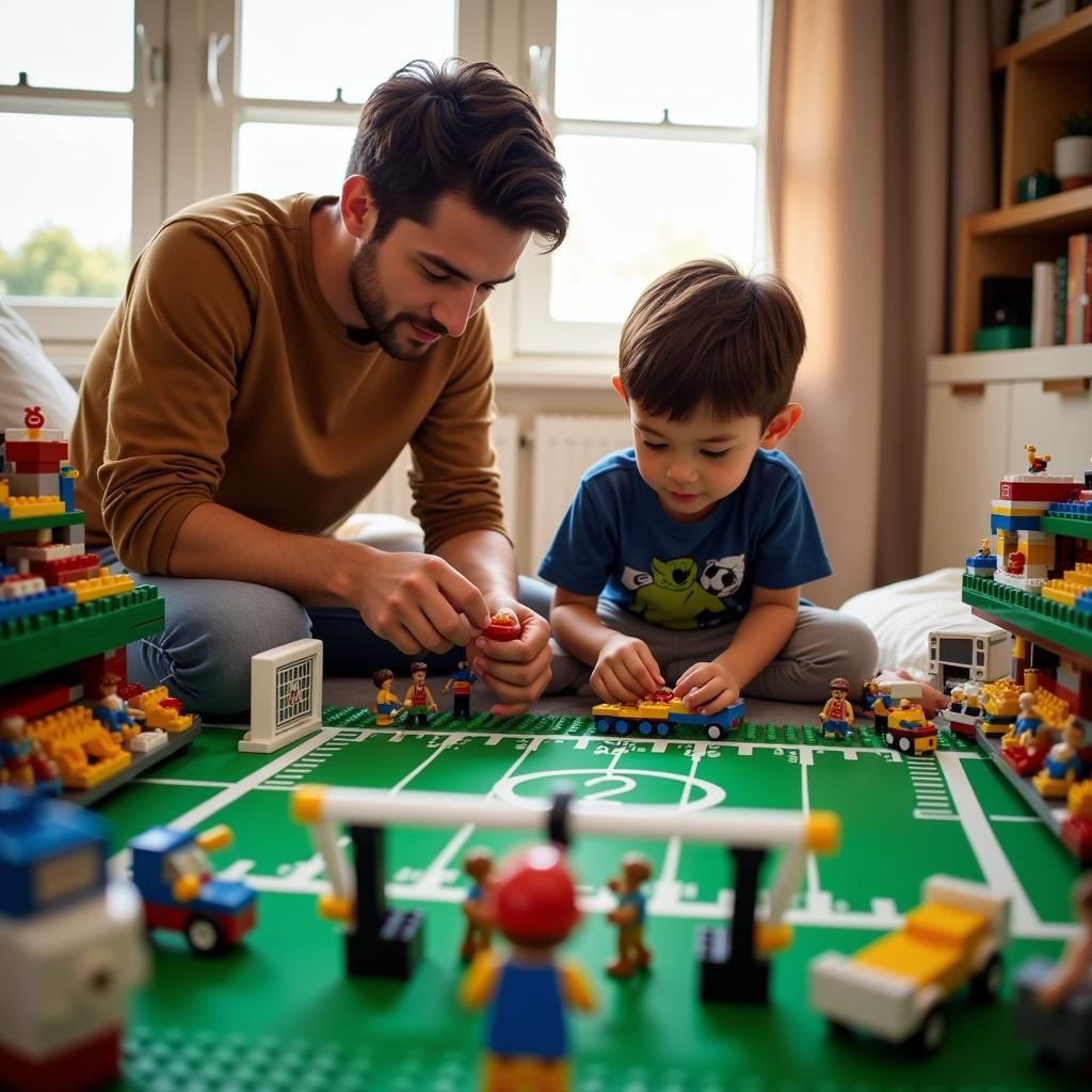 Father and son building a Lego football set