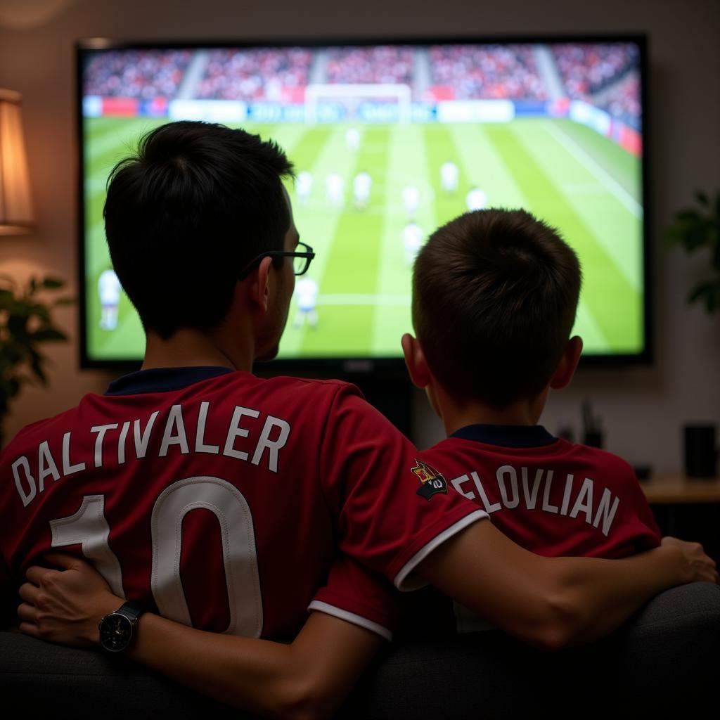 Father and son watching a football match