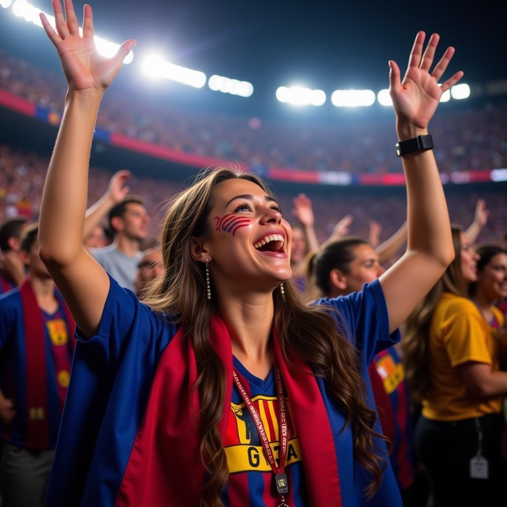 Female Barca fan celebrating a goal at Camp Nou